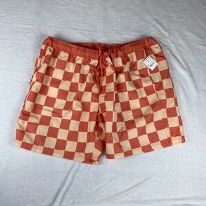 Mad Engine Swim‎ Shorts Mens 2XL Coral Orange Checked Mesh Liner Elastic Waist